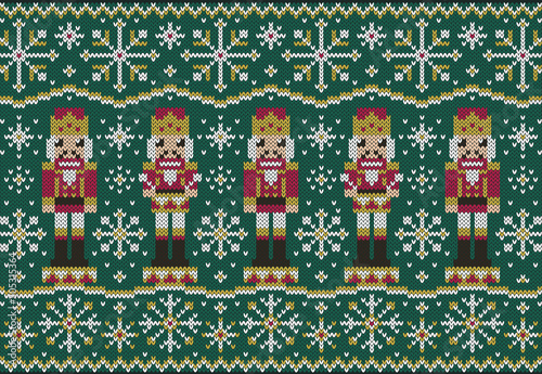 Nutcracker and snowflakes jacquard knitted border on green background. Fairy tale winter ornament.