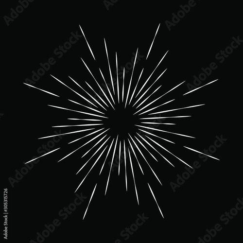 Abstract white radial speed lines in circles form. Explosion form. Fireworks. Sunburst. Black background. Design element for logo, sign, symbol, web, prints, frame, template and textile pattern
