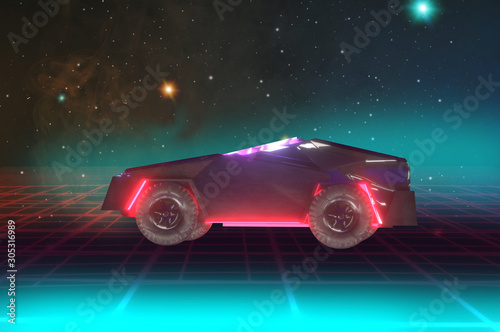 car future racing towards neon light - futuristic concept 3d render