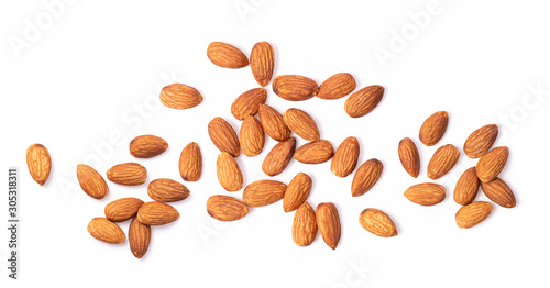 Leinwand Poster Almond Nuts isolated on white background top view
