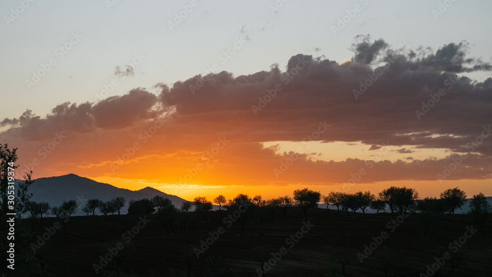 Fototapeta premium Atardecer en el campo de Almeria con nubes naranjas