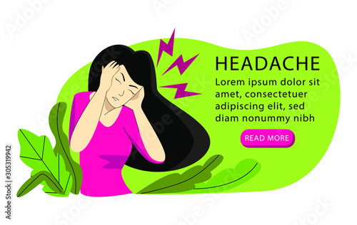 Vector illustration with woman who has severe headache on both sides. Can be used both in concept of headache and hyperacusis. There is space for text. In web design, printing products, etc. can used.
