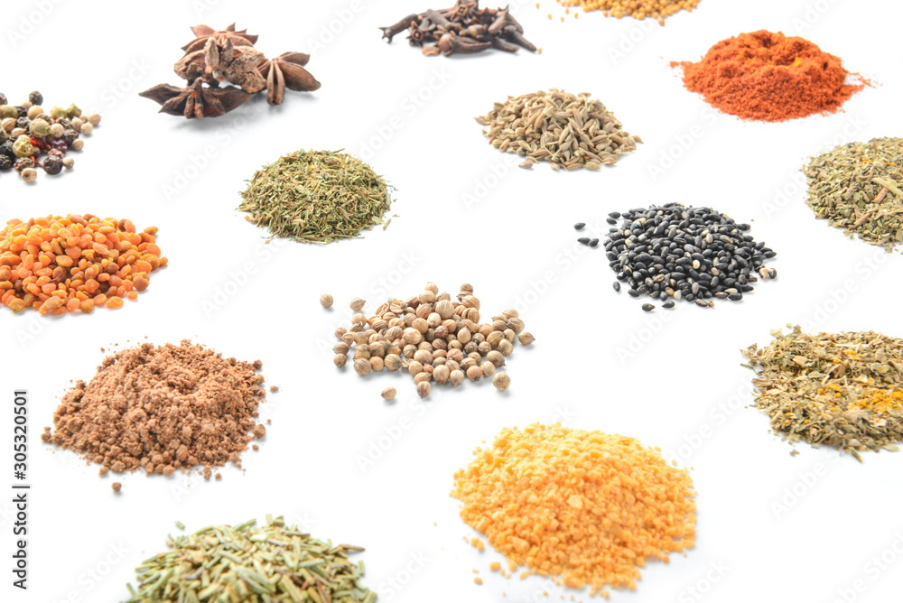 Fototapeta Many different spices on white background