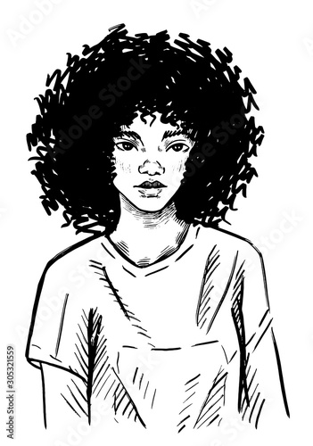 Portrait of beautiful girl with afro hairstyle Sketch of African young cute woman head black girl. Vector outline hand drawn fashion illustration isolated on white. Curly hairs, curls, ringlets, frizz