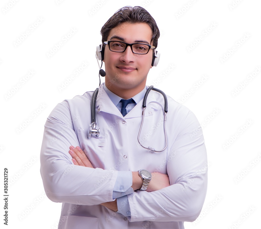 Young doctor with phone headset isolated on white Young doctor with phone headset isolated on white