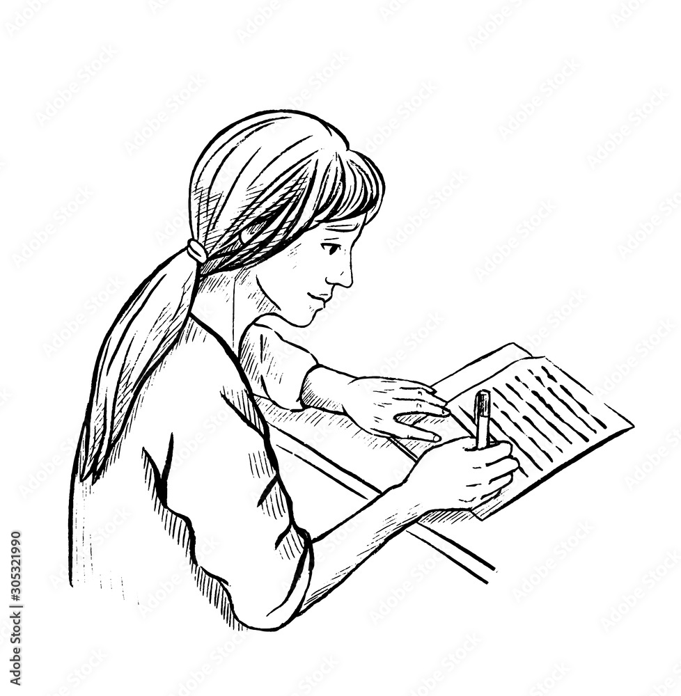 A simple sketch of young girl writing Royalty Free Vector
