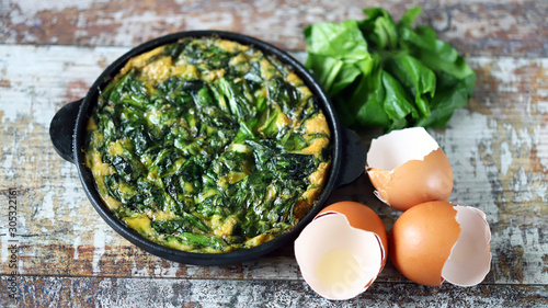 Selective focus. Keto diet ideas. Healthy omelet with spinach in a pan. photo