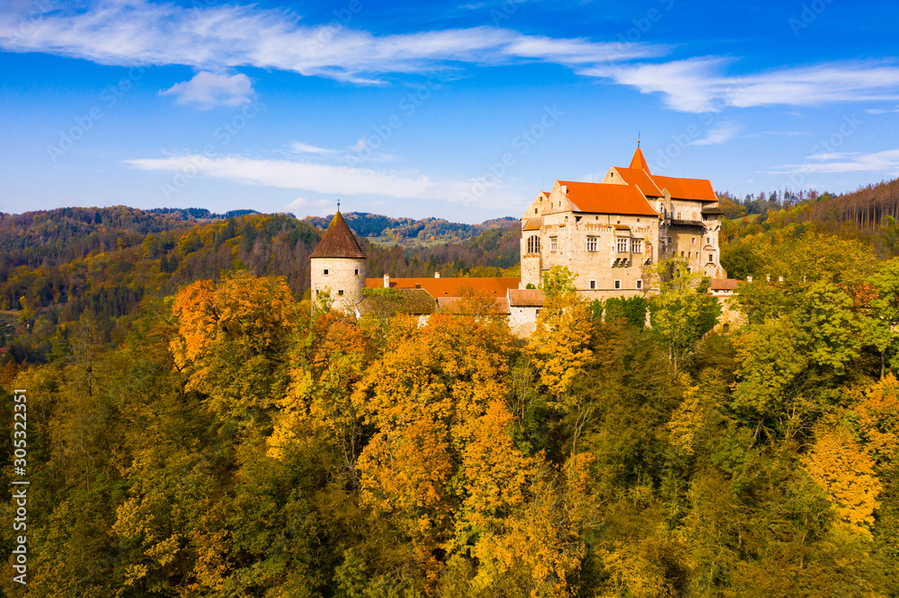 Pernstejn Castle above village of Nedvedice, Czech Republic