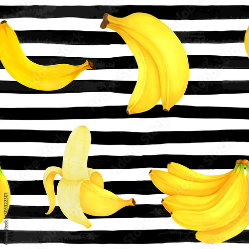 seamless pattern markers painting bananas on black and white watercolor stripes background. design for holiday greeting card and invitation of summer holidays, fruit fresh juice and bananas dessert