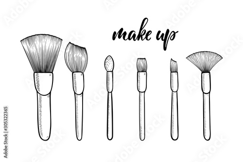Make up brushes for cosmetics with lettering make up vector set. Black and white hand drawn fashion illustration. Beautiful design for sale banner, poster, invitation card