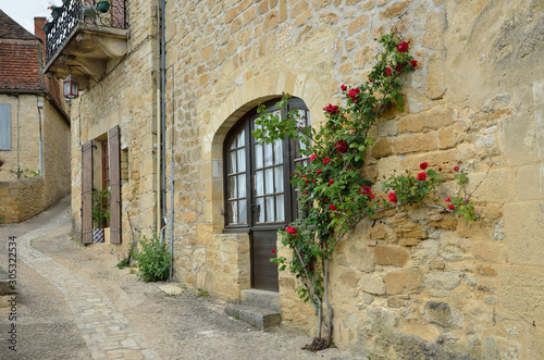 Fototapeta Naklejka Na Ścianę i Meble -  Street with stone houses and paved road in the French town Saint Medard