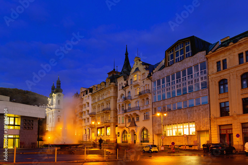 Evening illumination on the streets of Karlovy Vary. Czech Republic