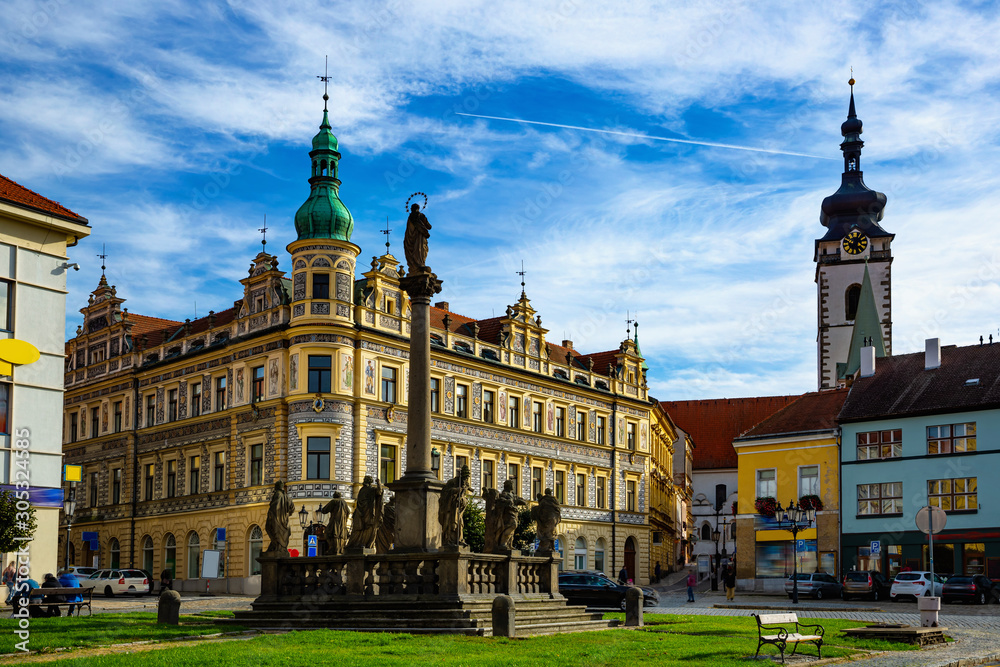 Alsovo square with Marian column in Czech town of Pisek