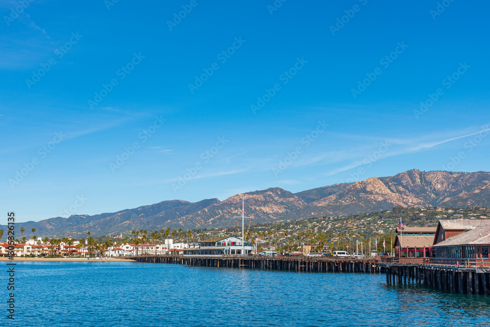 View of the Stearns Wharf . The oldest wooden pier in California.