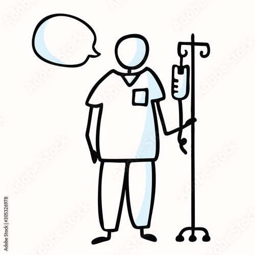 Hand Drawn Stick Figure Nurse with IV Drip & Speech Bubble. Concept Surgery Prop, Health Care Medical Hospital. Simple Icon for Clinic Treatment Clipart,Medic Staff Illustration. Vector Eps 10