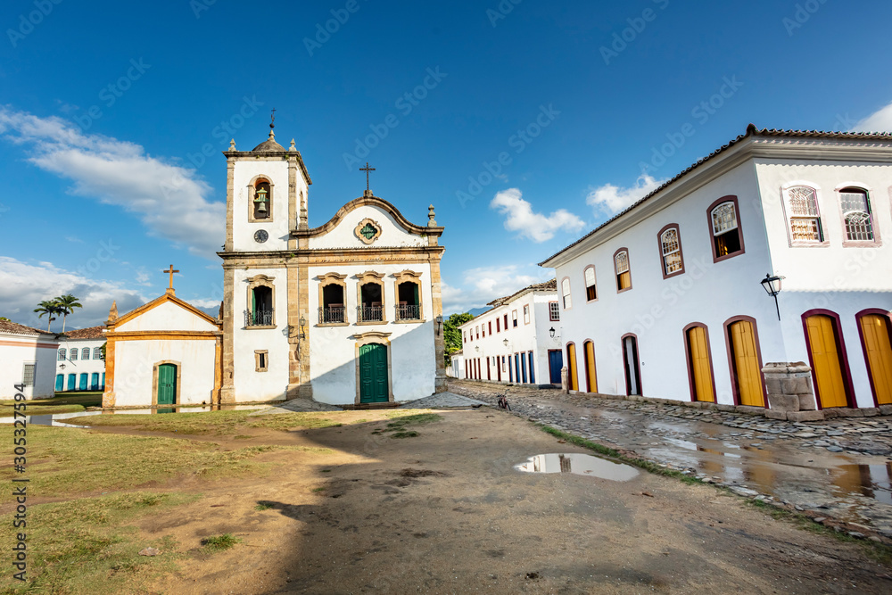 Church and street in the famous tourist city of Paraty. Colonial historic center of Paraty, Rio de Janeiro, Brazil. World Heritage