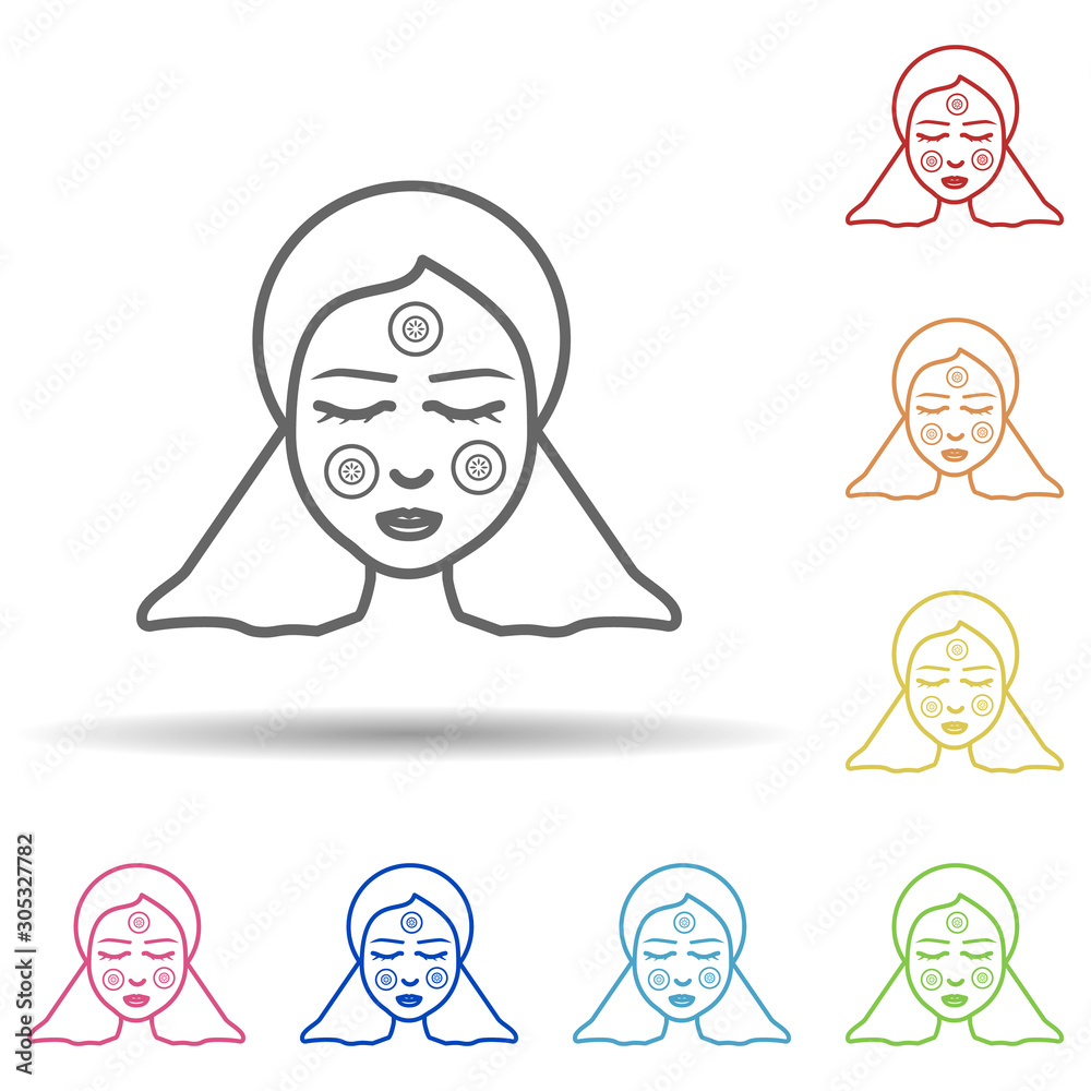 Woman, mask, cucumber in multi color style icon. Simple thin line, outline vector of anti age icons for ui and ux, website or mobile application Woman, mask, cucumber in multi color style icon. Simple thin line, outline vector of anti age icons for ui and ux, website or mobile application