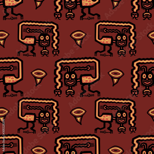 Seamless geometrical pattern with stylized monster animals. Ancient Peruvian motif from Paracas textiles.	