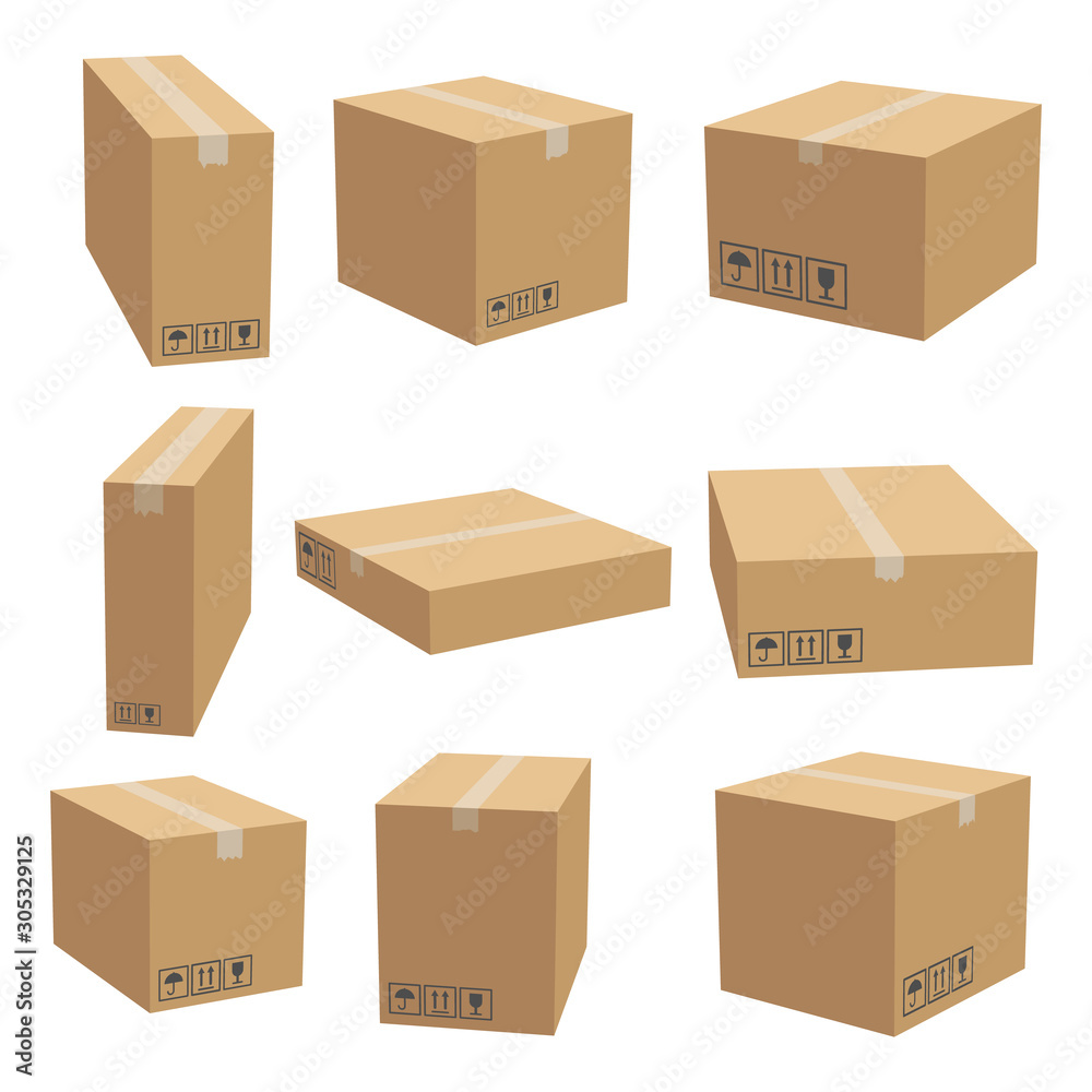 Fototapeta premium Set of cardboard box mockups. Isolated on white background. Vector carton packaging box images.
