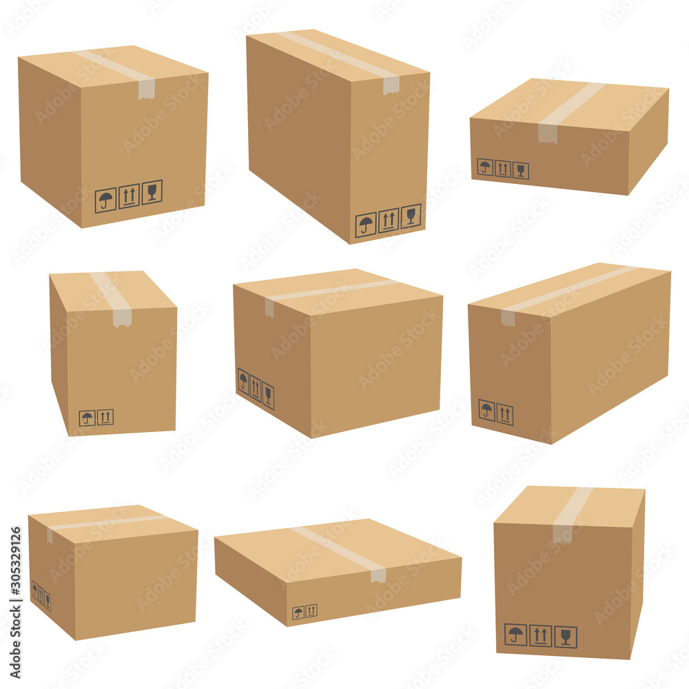 Set of cardboard box mockups. Isolated on white background. Vector carton packaging box images. Set of cardboard box mockups. Isolated on white background. Vector carton packaging box images.