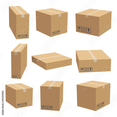Set of cardboard box mockups. Isolated on white background. Vector carton packaging box images.