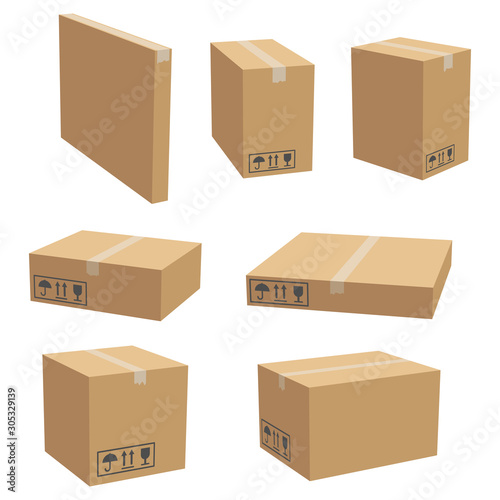 Set of cardboard box mockups. Isolated on white background. Vector carton packaging box images.