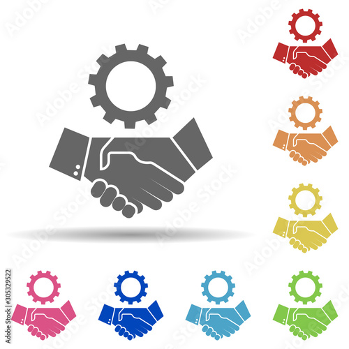 Handshaking, gear, task relations in multi color style icon. Simple glyph, flat vector of business icons for ui and ux, website or mobile application