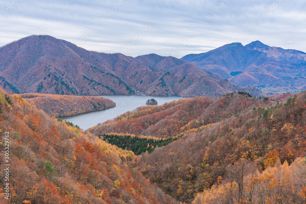 Nakatsugawa gorge from view point Azuma lake line at Urabandai Fukushima in autumn fall Japan