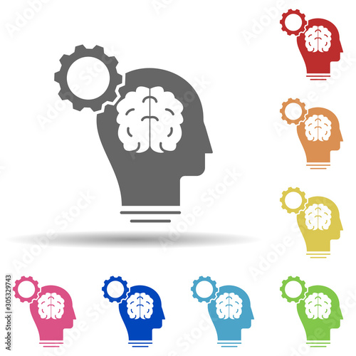 Brain, gear, rational thinking in multi color style icon. Simple glyph, flat vector of business icons for ui and ux, website or mobile application