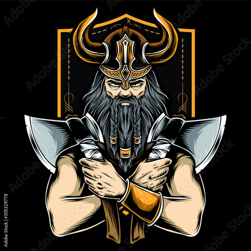 Obraz na plátne viking holding axe vector logo
