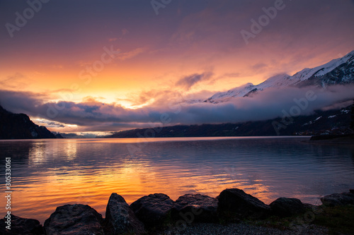 beautiful lake Brienz at sunset Switzerland