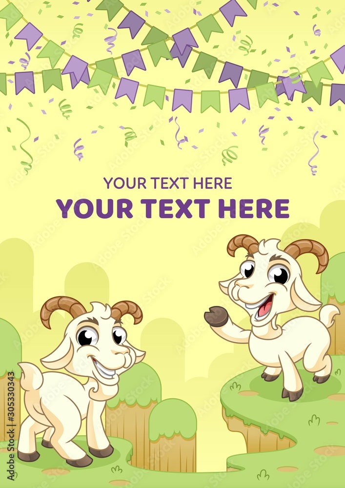 Happy Goats with Party Flags and Confetti Decorations, Greeting Cards, Eid al-Adha, Aqiqah ...