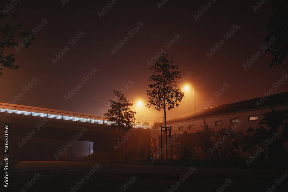 long exposure shot of a vehicle in motion on a foggy night in Leipzig, Germany