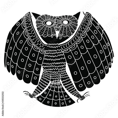 Silhouette of stylized owl with open wings. Ancient Peruvian tribal motif. Mochica or Moche pottery.  Black and white silhouette.