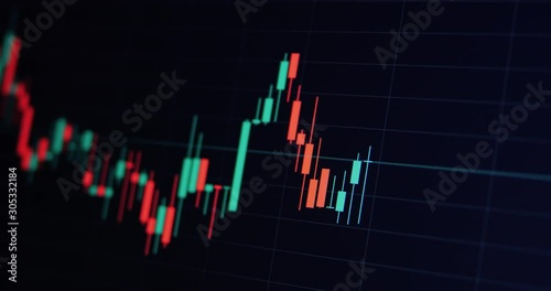 Stock market online chart financial exchange price. Cryptocurrency candlestick graph data. Bitcoin crypto growth diagram. Dynamic closeup shot filmed in Ultra HD 4k 2160p photo