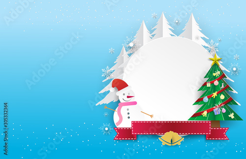 snow man and chrismas tree with circle white copy space and white snowflake on blue background.xmas,paper