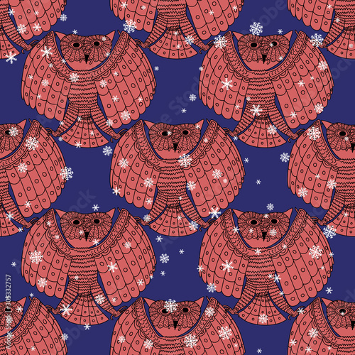 Seamless geometrical winter pattern with stylized funny owls and snowflakes. Ancient Peruvian folk motif of Mochica or Moche Indians.
