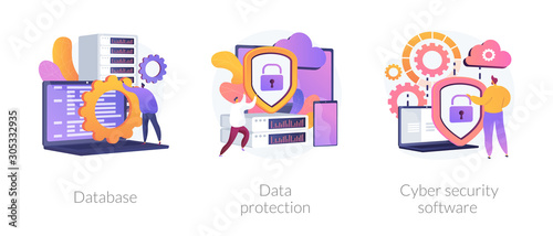 Data protection metaphors set. Database, cyber security, control, protection of computer services and electronic information colorful icons pack. Vector isolated concept metaphor illustrations