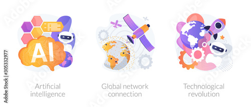 Modern technologies progress metaphors. Artificial intelligent, global network connection, technological revolution. Tech innovations implementation. Vector isolated concept metaphor illustrations