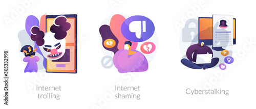 Cyberbullying metaphors set. Internet trolling, shaming, cyberstalking. Online abuse, threatening and humiliation. Aggressive behaviour in cyberspace. Vector isolated concept metaphor illustrations photo