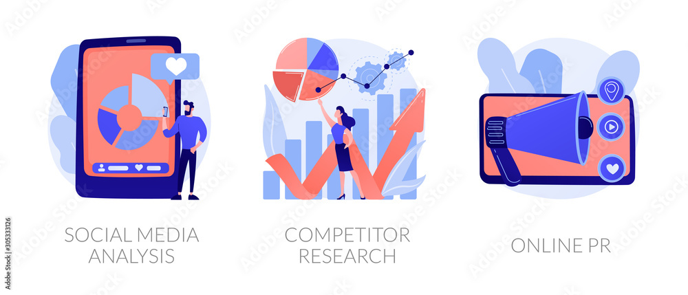 SMM analytics, audience segmentation. Product advertising strategy development. Social media analysis, competitor research, online PR metaphors. Vector isolated concept metaphor illustrations