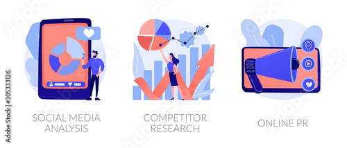 SMM analytics, audience segmentation. Product advertising strategy development. Social media analysis, competitor research, online PR metaphors. Vector isolated concept metaphor illustrations