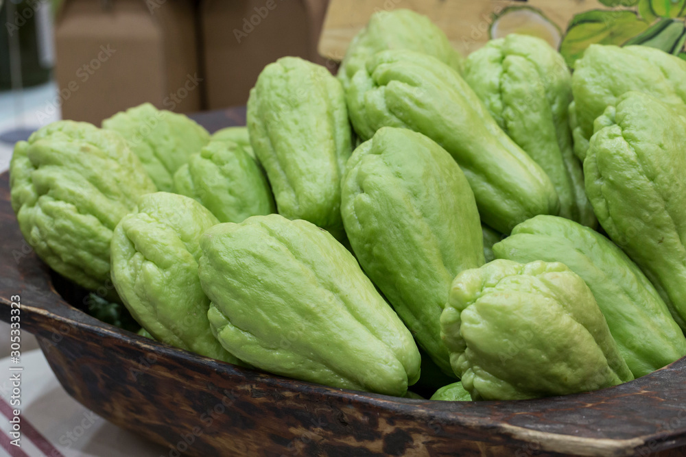 Fresh green chayote fruits (Sechium edulis) Fresh green chayote fruits (Sechium edulis)