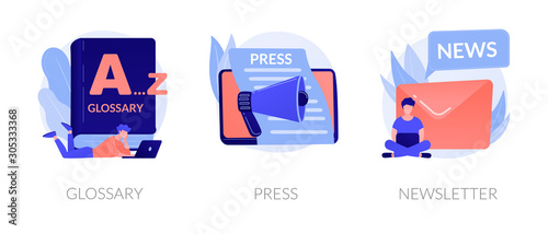 Internet chatting and emails sharing web banners set. Mass media, online daily news magazine subscription. Glossary, press, newsletter metaphors. Vector isolated concept metaphor illustrations