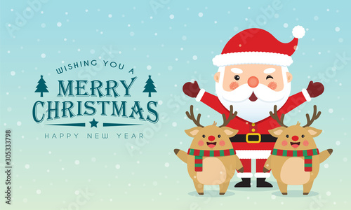 Cute cartoon santa claus & reindeer on snowy gradient background. Christmas character flat design. Xmas greetings illustration.