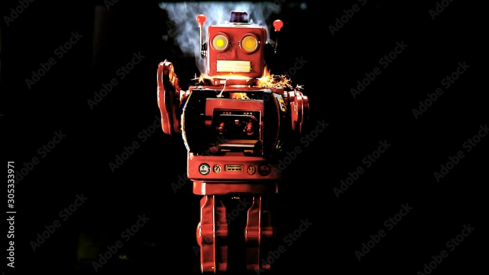 red robot attack with sparks  and smoke 