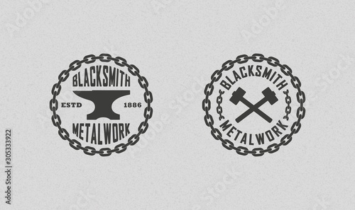 Color illustration of a chain, anvil and hammer with a tekt. Vector illustration of a blacksmith logo. Professional blacksmith services. Work with metal products