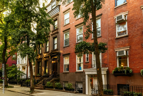 Brownstone facades   row houses at sunset in an iconic neighborhood of Brooklyn Heights in New York City