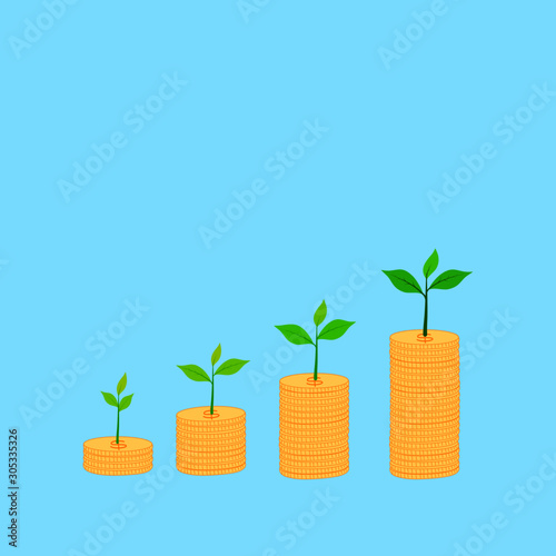 Growing Money on blue background, Finance And Investment Concept.