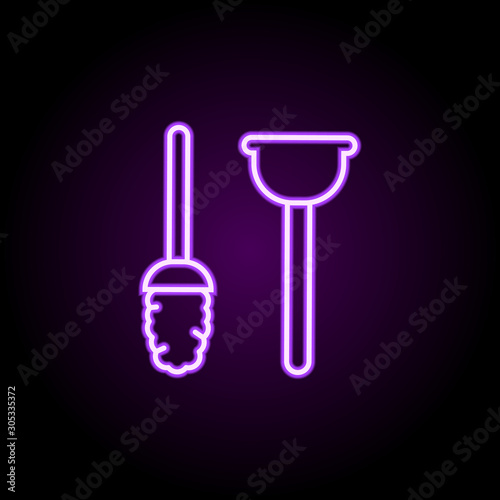 Plunger and brush neon icon. Simple thin line, outline vector of cleaning icons for ui and ux, website or mobile application